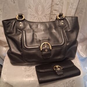 Coach Cambell Belle Legacy Black Leather Tote Bag and Wallet Set